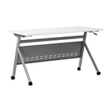 English Elm Commercial Grade Commercial Grade 60" x 24" Heavy-Duty Nesting Flip Training Table with Y-Legs, Modesty Panel, 1" Thick Tabletop, and Gray Steel Frame