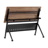 English Elm Commercial Grade Commercial Grade 60" x 24" Heavy-Duty Nesting Flip Training Table with Y-Legs, Modesty Panel, 1" Thick Walnut Tabletop, and Black Steel Frame