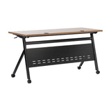 English Elm Commercial Grade Commercial Grade 60" x 24" Heavy-Duty Nesting Flip Training Table with Y-Legs, Modesty Panel, 1" Thick Walnut Tabletop, and Black Steel Frame