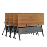 English Elm Commercial Grade Commercial Grade 60" x 24" Heavy-Duty Nesting Flip Training Table with Y-Legs, Modesty Panel, 1" Thick Walnut Tabletop, and Black Steel Frame