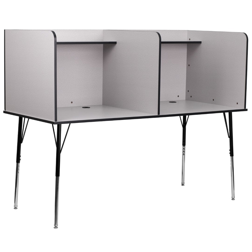 English Elm Commercial Grade Stand-Alone Double Study Carrel with Top Shelf - Height Adjustable Legs and Wire Management Grommet - Finish