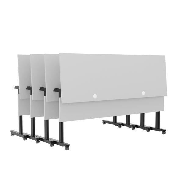 English Elm Commercial Grade Commercial Grade 72" x 24" Heavy-Duty Nesting Flip Training Table with T-Legs, Modesty Panel, 1" Thick Tabletop, and Black Steel Frame