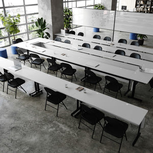English Elm Commercial Grade Commercial Grade 72" x 24" Heavy-Duty Nesting Flip Training Table with T-Legs, Modesty Panel, 1" Thick Tabletop, and Black Steel Frame