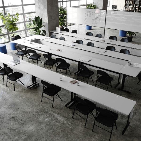 English Elm Commercial Grade Commercial Grade 72" x 24" Heavy-Duty Nesting Flip Training Table with T-Legs, Modesty Panel, 1" Thick Tabletop, and Black Steel Frame