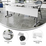 English Elm Commercial Grade Commercial Grade 72" x 24" Heavy-Duty Nesting Flip Training Table with T-Legs, Modesty Panel, 1" Thick Tabletop, and Gray Steel Frame