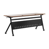 English Elm Commercial Grade Commercial Grade 72" x 24" Heavy-Duty Nesting Flip Training Table with Y-Legs, Modesty Panel, 1" Thick Walnut Tabletop, and Black Steel Frame