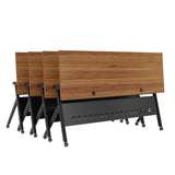 English Elm Commercial Grade Commercial Grade 72" x 24" Heavy-Duty Nesting Flip Training Table with Y-Legs, Modesty Panel, 1" Thick Walnut Tabletop, and Black Steel Frame