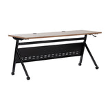 English Elm Commercial Grade Commercial Grade 72" x 24" Heavy-Duty Nesting Flip Training Table with Y-Legs, Modesty Panel, 1" Thick Walnut Tabletop, and Black Steel Frame