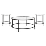 English Elm Coffee and End Table Set - Clear Glass Top with Round Matte Frame - 3 Piece Occasional Table Set