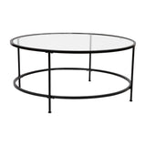 English Elm Coffee and End Table Set - Clear Glass Top with Round Matte Frame - 3 Piece Occasional Table Set