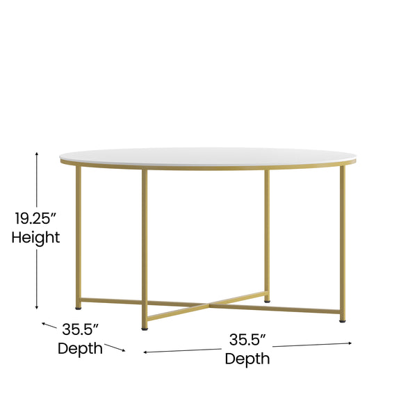 English Elm Coffee and End Table Set - Laminate Top with Brushed Gold Crisscross Frame, 3 Piece Occasional Table Set