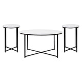 English Elm Coffee and End Table Set - White Laminate Top with Matte Crisscross Frame, 3 Piece Table Set