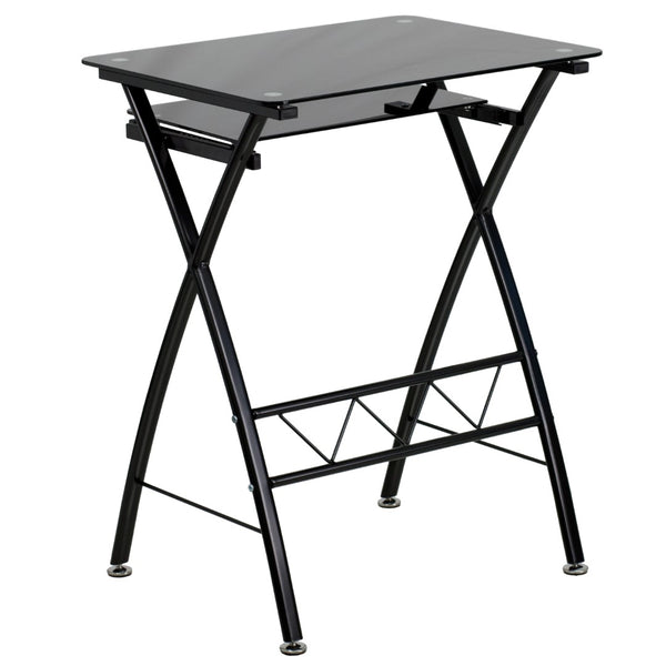 English Elm Tempered Glass Computer Desk with Pull-Out Keyboard Tray