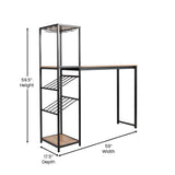 English Elm Commercial Grade Metal Bar and Wine Table with 2 Slanted Shelves for Bottle Storage and Hanging Glass Storage, Frame with Light Brown Melamine Table Top