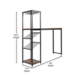 English Elm Commercial Grade Metal Bar and Wine Table with 2 Slanted Shelves for Bottle Storage and Hanging Glass Storage, Frame with Walnut Melamine Table Top