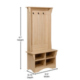 English Elm 31.5" Wide Hall Tree with Bench, 3 Single Storage Hooks, and 4 Lower Storage Cubbies with Adjustable Shelves in Weathered Wood