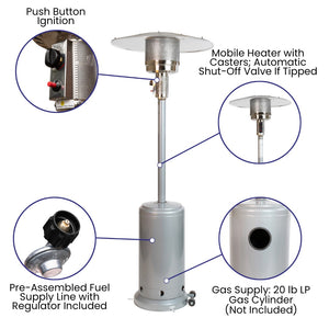 English Elm Commercial Grade Patio Outdoor Heating- Stainless Steel 40,000 BTU Propane Heater with Wheels-Commercial & Residential Use-7.5 Feet Tall