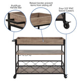 English Elm Distressed Wood and Iron Kitchen Serving and Bar Cart with Wine Glass Holders