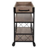 English Elm Distressed Wood and Iron Kitchen Serving and Bar Cart with Wine Glass Holders