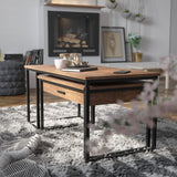 English Elm Commercial Grade 2 Piece Modern Nesting Coffee Table Set with Storage Drawer in Finish with Black Sled Base Metal Frames