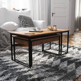 English Elm Commercial Grade 2 Piece Modern Nesting Coffee Table Set with Storage Drawer in Finish with Black Sled Base Metal Frames