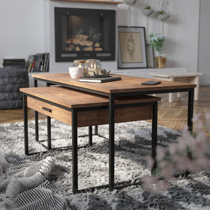 English Elm Commercial Grade 2 Piece Modern Nesting Coffee Table Set with Storage Drawer in Finish with Black Sled Base Metal Frames