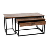 English Elm Commercial Grade 2 Piece Modern Nesting Coffee Table Set with Storage Drawer in Finish with Black Sled Base Metal Frames