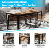 English Elm Commercial Grade 2 Piece Modern Nesting Coffee Table Set with Storage Drawer in Finish with Black Sled Base Metal Frames