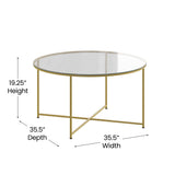 English Elm Coffee Table - Modern Clear Glass Accent Table with Crisscross Brushed Frame