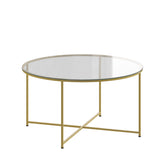 English Elm Coffee Table - Modern Clear Glass Accent Table with Crisscross Brushed Frame