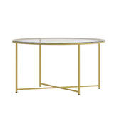 English Elm Coffee Table - Modern Clear Glass Accent Table with Crisscross Brushed Frame