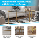 English Elm Coffee Table - Modern Clear Glass Accent Table with Crisscross Brushed Frame