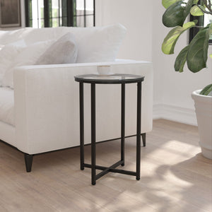 English Elm End Table - Modern Clear Glass Accent Table with Crisscross Matte Frame