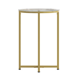 English Elm End Table - Modern Clear Glass Accent Table with Crisscross Brushed Frame
