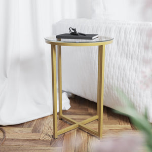 English Elm End Table - Modern Clear Glass Accent Table with Crisscross Brushed Frame