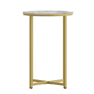 English Elm End Table - Modern Clear Glass Accent Table with Crisscross Brushed Frame