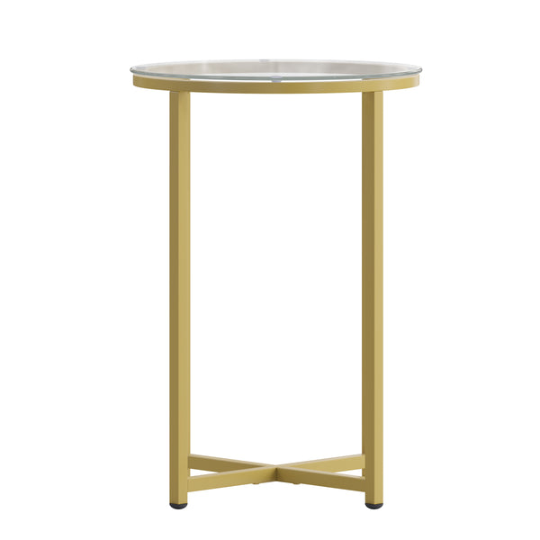 English Elm End Table - Modern Clear Glass Accent Table with Crisscross Brushed Frame