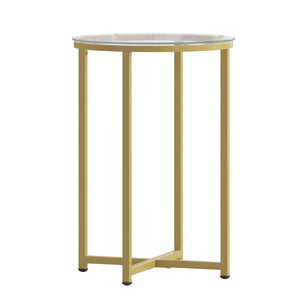 English Elm End Table - Modern Clear Glass Accent Table with Crisscross Brushed Frame
