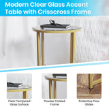 English Elm End Table - Modern Clear Glass Accent Table with Crisscross Brushed Frame