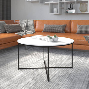 English Elm Coffee Table - Modern White Finish Accent Table with Crisscross Matte Frame