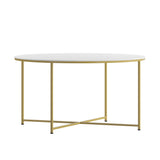 English Elm Coffee Table - Modern Finish Accent Table with Crisscross Brushed Gold Frame