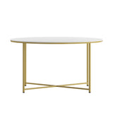 English Elm Coffee Table - Modern Finish Accent Table with Crisscross Brushed Gold Frame