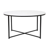 English Elm Coffee Table - Modern White Marble Finish Accent Table with Crisscross Matte Frame