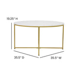 English Elm Coffee Table - Modern White Marble Finish Accent Table with Crisscross Brushed Frame