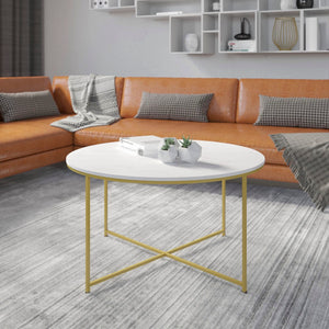 English Elm Coffee Table - Modern White Marble Finish Accent Table with Crisscross Brushed Frame