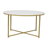 English Elm Coffee Table - Modern White Marble Finish Accent Table with Crisscross Brushed Frame