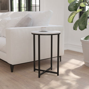 English Elm End Table - Modern White Finish Accent Table with Crisscross Matte Frame