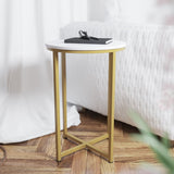 English Elm End Table - Modern Finish Accent Table with Crisscross Brushed Gold Frame