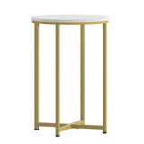 English Elm End Table - Modern Finish Accent Table with Crisscross Brushed Gold Frame