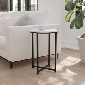 English Elm End Table - Modern White Marble Finish Accent Table with Crisscross Matte Frame